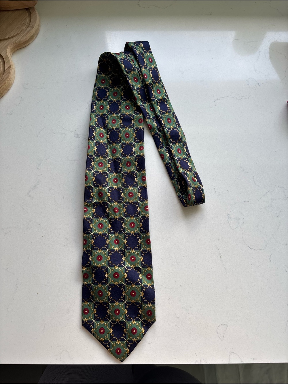 Classic Navy and Green Patterned Silk Tie with Red Accents